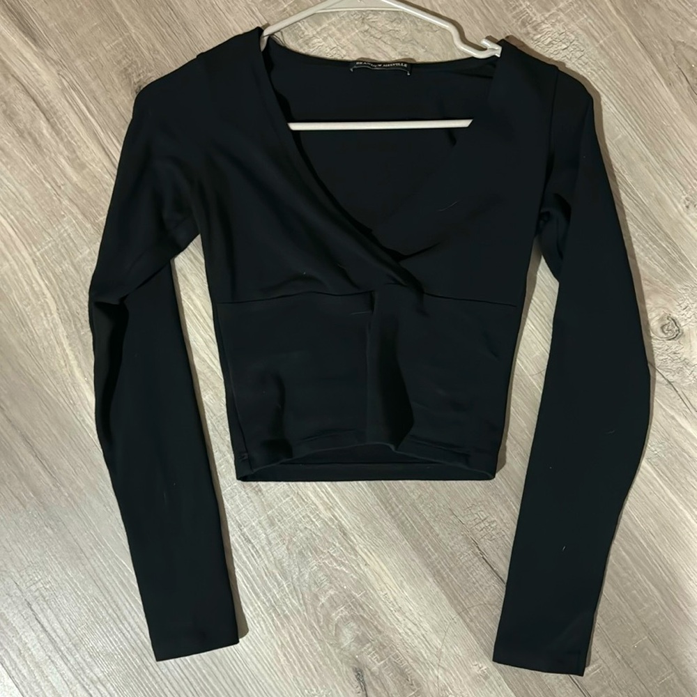 Cute cropped black long sleeve v neck front wrap top brandy Melville